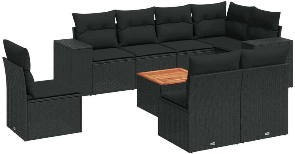 Sofa Sodo komplektas su pagalvėlėmis, 9 dalių, juodas, poliratanas