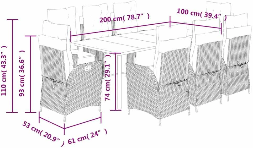 Lauko baldų komplektas Sodo komplektas su pagalvėlėmis, 9 dalių, juodas, poliratanas