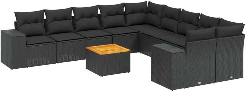 Sofa Sodo komplektas su pagalvėlėmis, 11 dalių, juodas, poliratanas