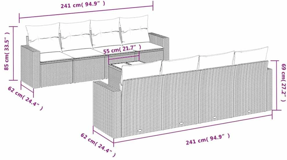 Lauko baldų komplektas Sodo komplektas su pagalvėlėmis, 9 dalių, juodas, poliratanas