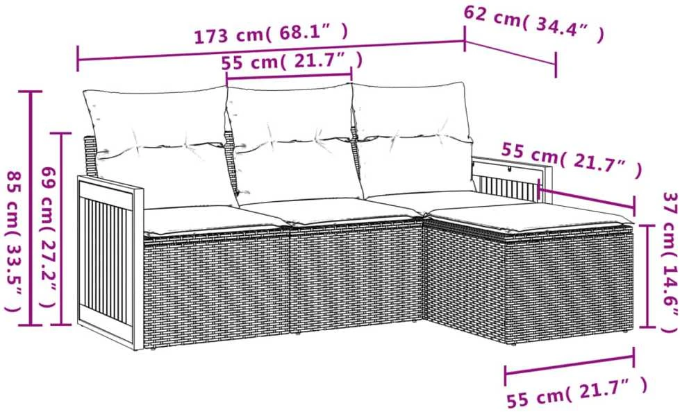 Lauko baldų komplektas Sodo komplektas su pagalvėlėmis, 4 dalių, juodas, poliratanas