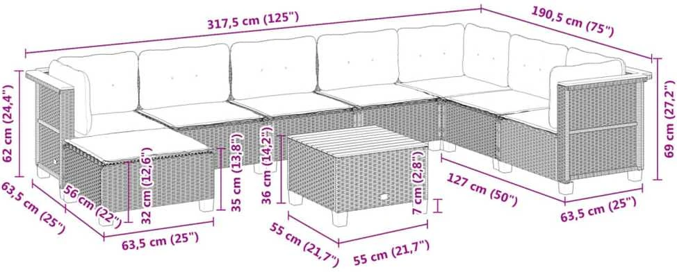 Lauko baldų komplektas Sodo komplektas su pagalvėlėmis, 9 dalių, juodas, poliratanas
