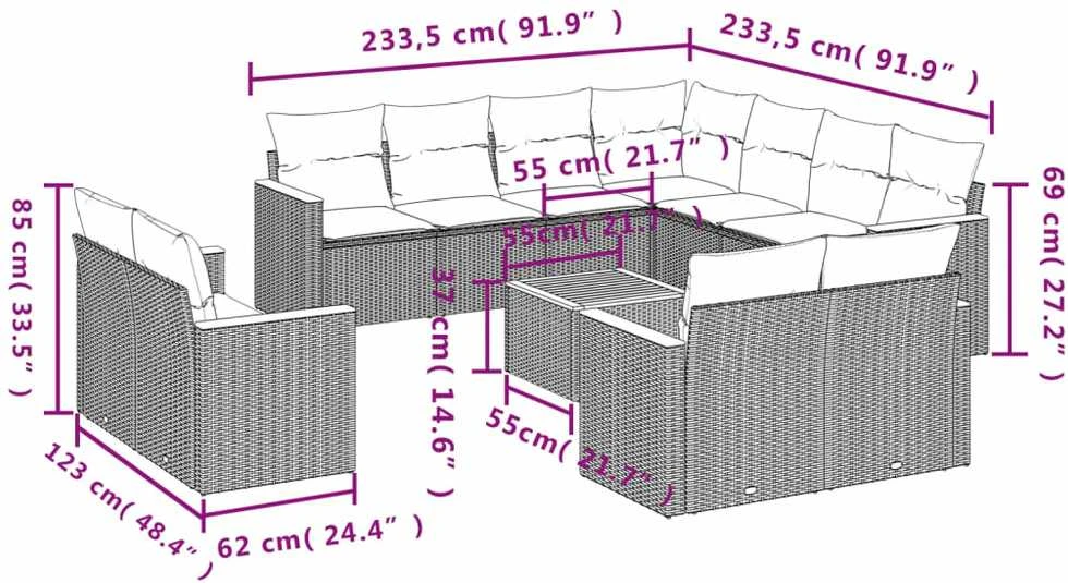 Sofa Sodo komplektas su pagalvėlėmis, 12 dalių, smėlio, poliratanas