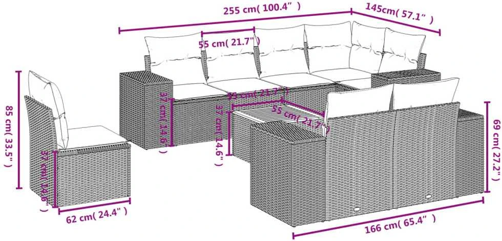 Sofa Sodo komplektas su pagalvėlėmis, 9 dalių, smėlio, poliratanas