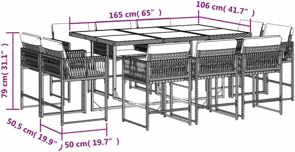 Lauko baldų komplektas Sodo komplektas su pagalvėlėmis, 11 dalių, rudas, poliratanas