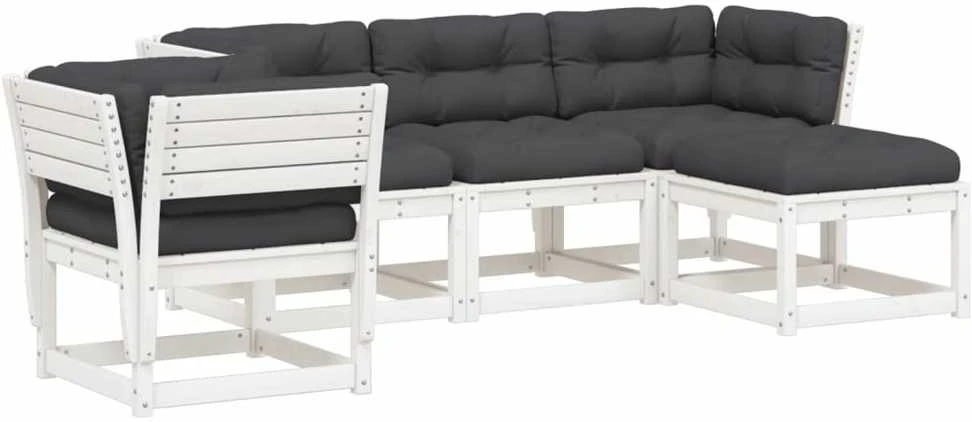 Lauko baldų komplektas Sodo komplektas su pagalvėlėmis, 5 dalių, baltas, pušis