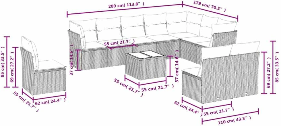 Lauko baldų komplektas Sodo komplektas su pagalvėlėmis, 11 dalių, juodas, poliratanas