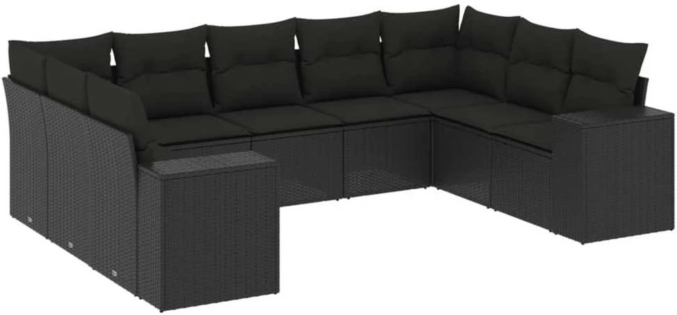 Lauko baldų komplektas Sodo komplektas su pagalvėlėmis, 9 dalių, juodas, poliratanas