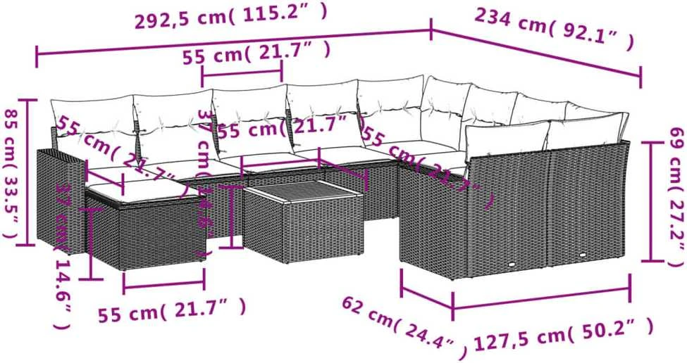 Sofa Sodo komplektas su pagalvėlėmis, 11 dalių, pilkas, poliratanas