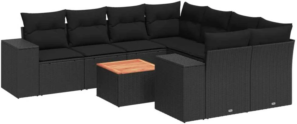 Sofa Sodo komplektas su pagalvėlėmis, 9 dalių, juodas, poliratanas