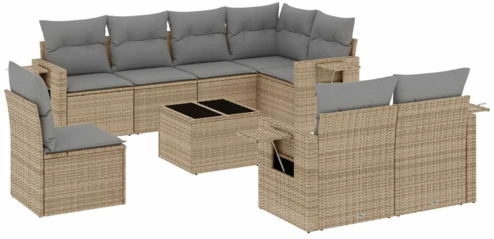 Sofa Sodo komplektas su pagalvėlėmis, 9 dalių, smėlio, poliratanas