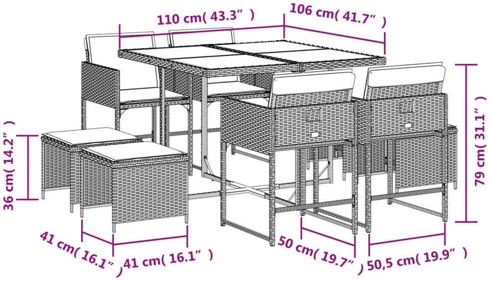 Sofa Sodo komplektas su pagalvėlėmis, 9 dalių, juodas, poliratanas