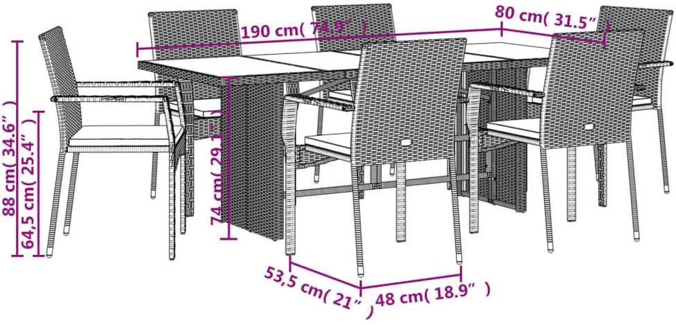 Lauko baldų komplektas Sodo komplektas su pagalvėlėmis, 7 dalių, juodas, poliratanas