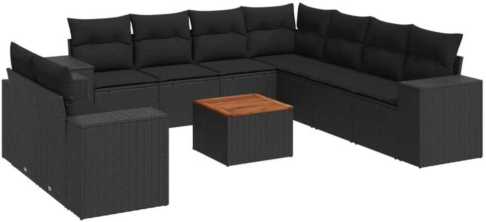 Sofa Sodo komplektas su pagalvėlėmis, 10 dalių, juodas, poliratanas
