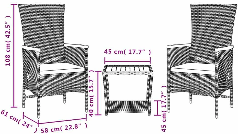 Lauko baldų komplektas Sodo komplektas su pagalvėlėmis, 3 dalių, juodas, poliratanas