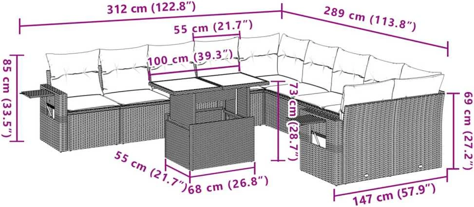 Lauko baldų komplektas Sodo komplektas su pagalvėlėmis, 11 dalių, pilkas, poliratanas