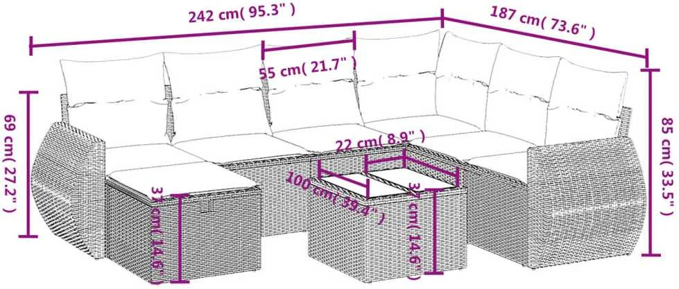 Sofa Sodo komplektas su pagalvėlėmis, 8 dalių, pilkas, poliratanas