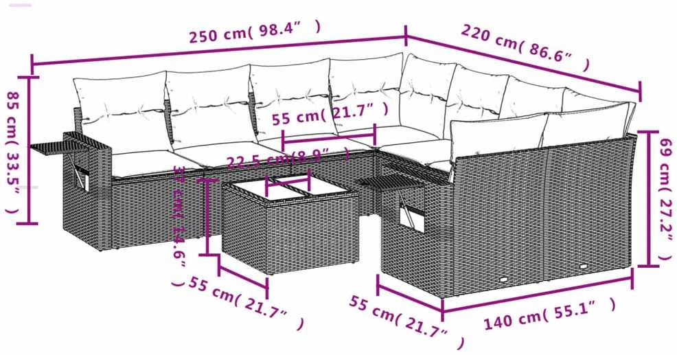 Lauko baldų komplektas Sodo komplektas su pagalvėlėmis, 9 dalių, juodas, poliratanas