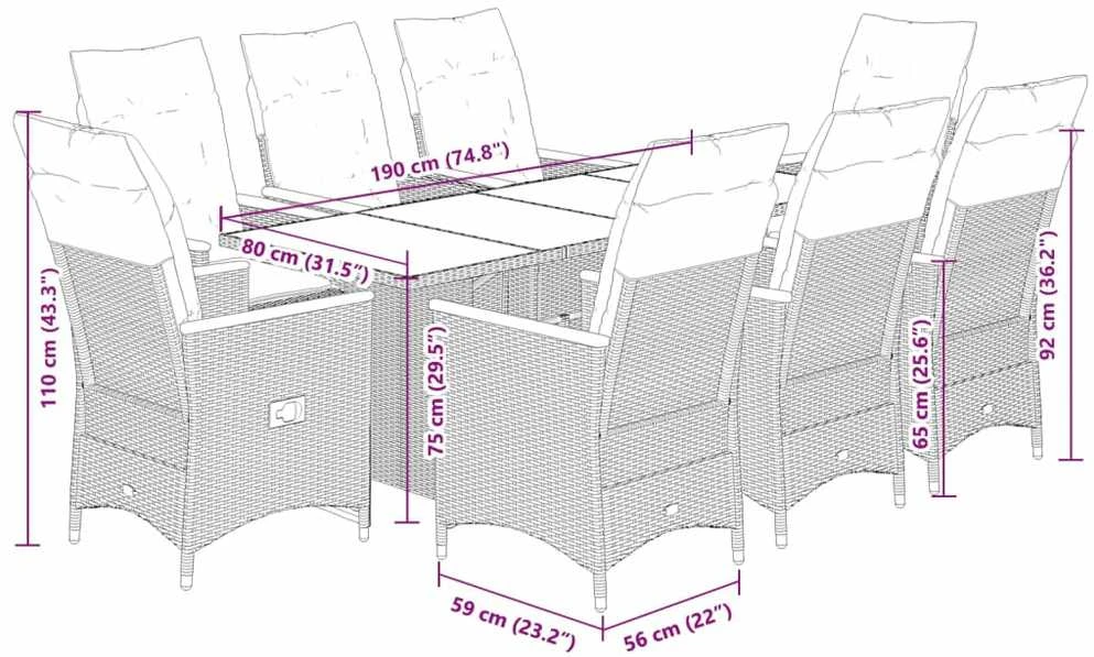 Lauko baldų komplektas Sodo komplektas su pagalvėlėmis, 9 dalių, juodas, poliratanas