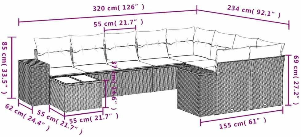 Sofa Sodo komplektas su pagalvėlėmis, 10 dalių, juodas, poliratanas