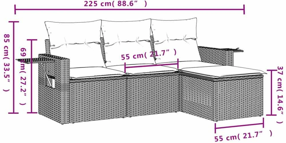 Lauko baldų komplektas Sodo komplektas su pagalvėlėmis, 4 dalių, juodas, poliratanas