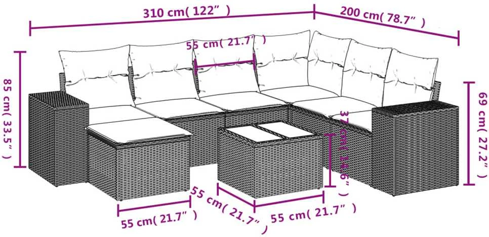 Lauko baldų komplektas Sodo komplektas su pagalvėlėmis, 8 dalių, pilkas, poliratanas