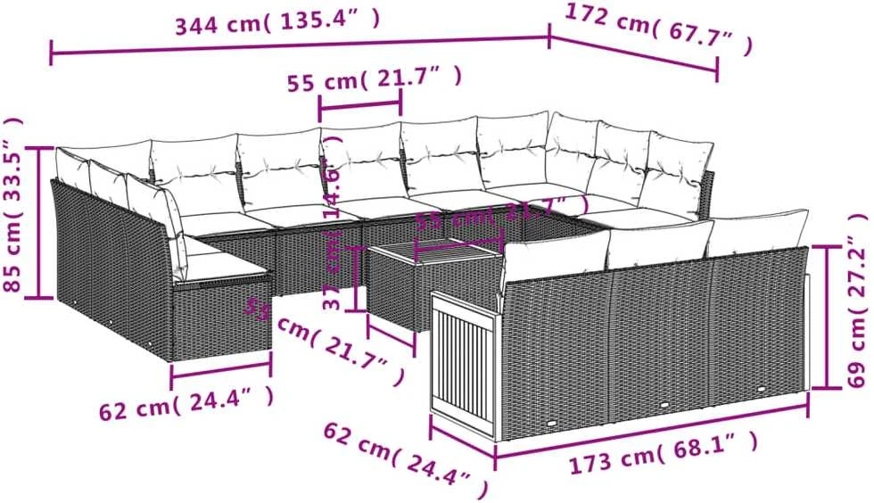 Sofa Sodo komplektas su pagalvėlėmis, 14 dalių, smėlio, poliratanas