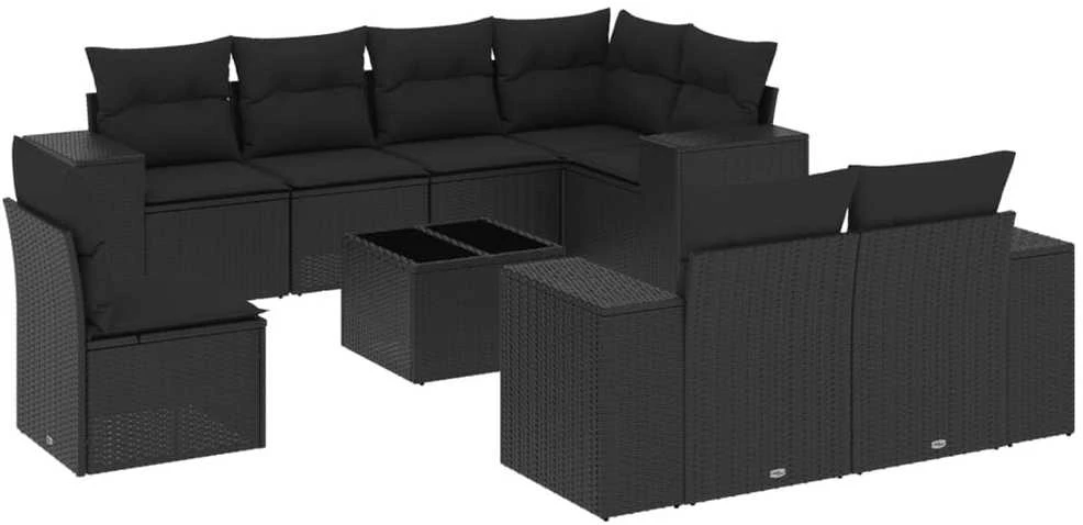 Sofa Sodo komplektas su pagalvėlėmis, 9 dalių, juodas, poliratanas