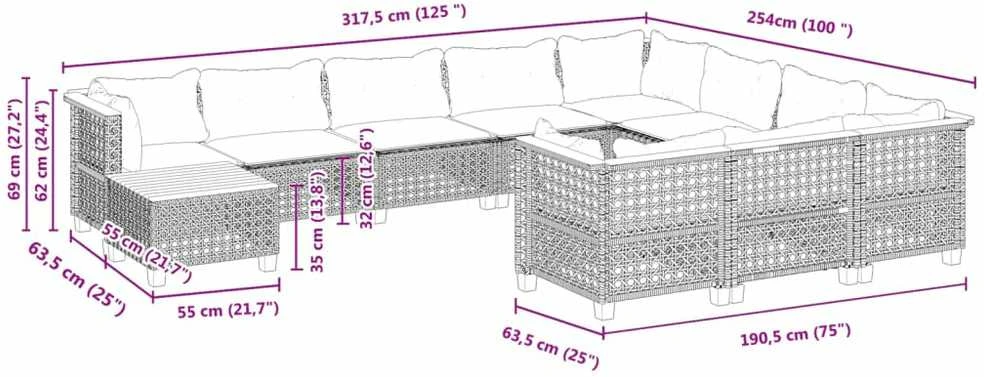Lauko baldų komplektas Sodo komplektas su pagalvėlėmis, 11 dalių, juodas, poliratanas