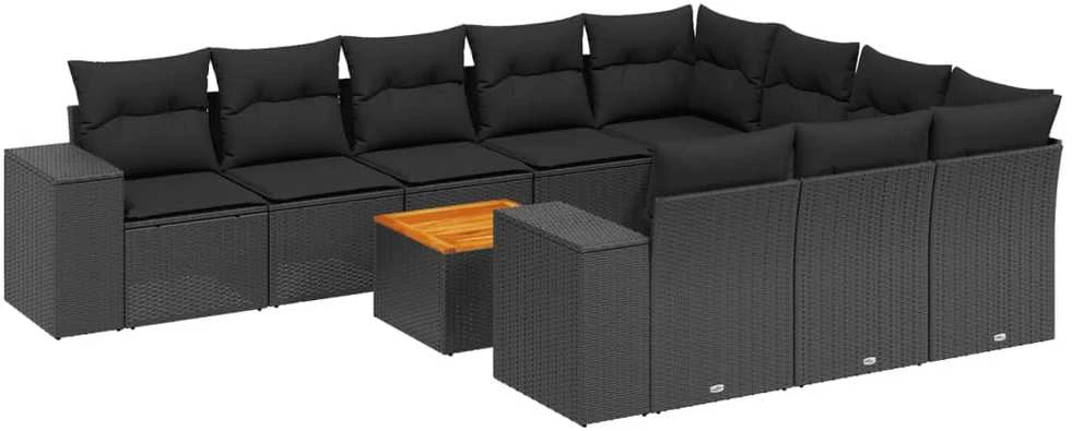 Sofa Sodo komplektas su pagalvėlėmis, 11 dalių, juodas, poliratanas