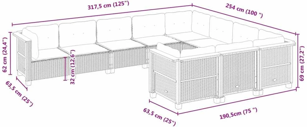 Lauko baldų komplektas Sodo komplektas su pagalvėlėmis, 10 dalių, juodas, poliratanas