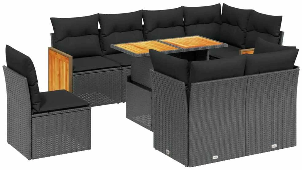 Lauko baldų komplektas Sodo komplektas su pagalvėlėmis, 9 dalių, juodas, poliratanas