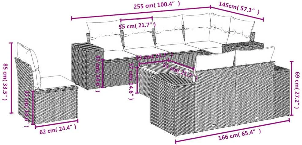 Sofa Sodo komplektas su pagalvėlėmis, 9 dalių, smėlio, poliratanas