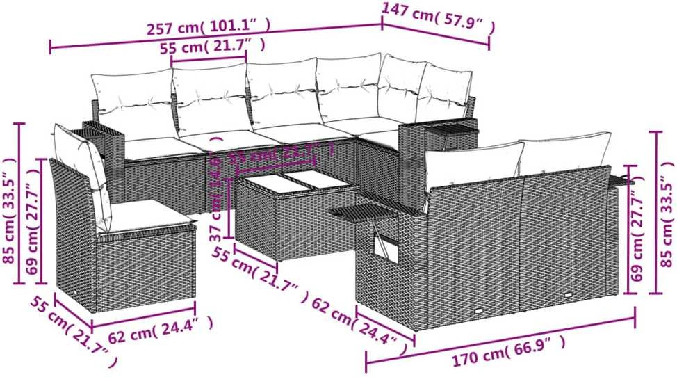 Lauko baldų komplektas Sodo komplektas su pagalvėlėmis, 9 dalių, juodas, poliratanas