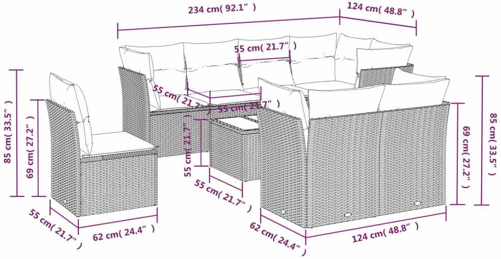 Sofa Sodo komplektas su pagalvėlėmis, 9 dalių, smėlio, poliratanas