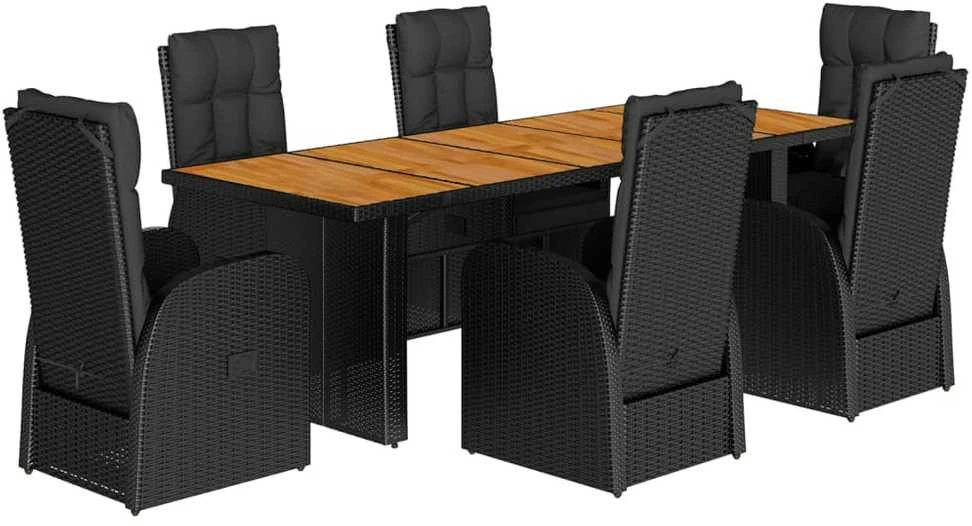 Lauko baldų komplektas Sodo komplektas su pagalvėlėmis, 7 dalių, juodas, poliratanas