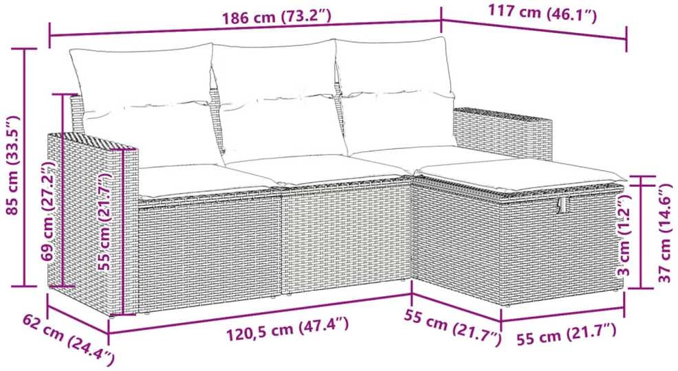 Sofa Sodo komplektas su pagalvėlėmis, 4 dalių, juodas, poliratanas