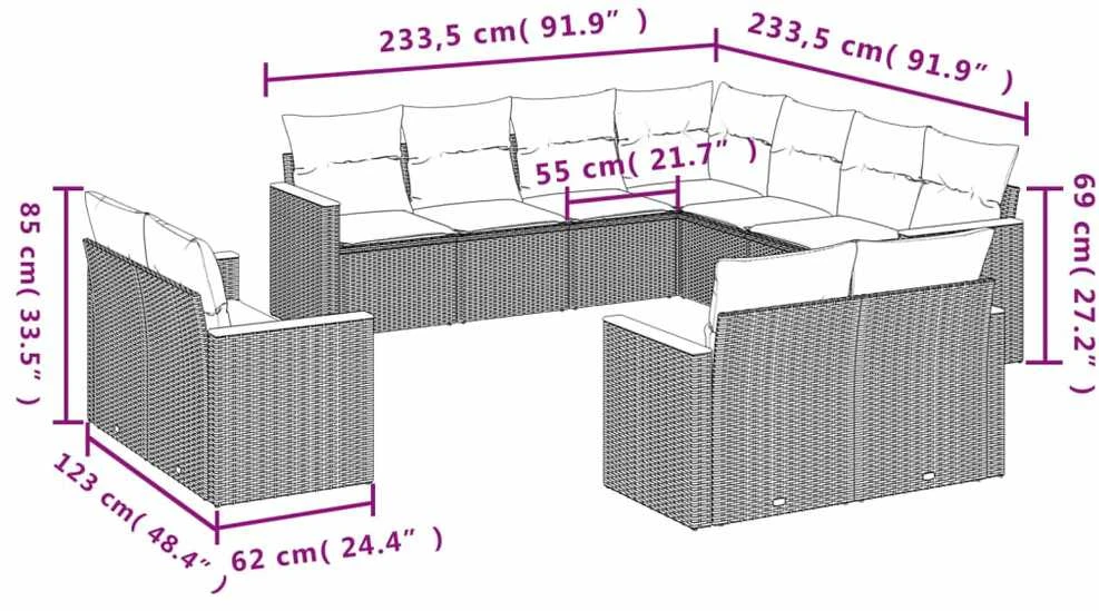 Lauko baldų komplektas Sodo komplektas su pagalvėlėmis, 11 dalių, juodas, poliratanas