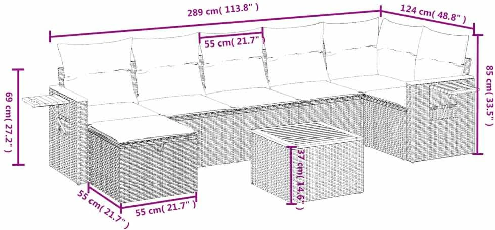 Lauko baldų komplektas Sodo komplektas su pagalvėlėmis, 8 dalių, pilkas, poliratanas