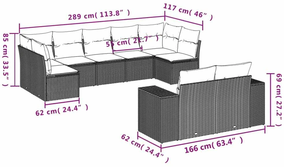 Lauko baldų komplektas Sodo komplektas su pagalvėlėmis, 9 dalių, juodas, poliratanas