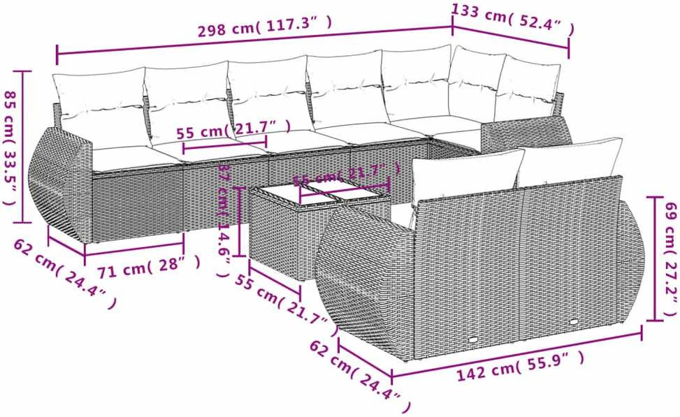 Sofa Sodo komplektas su pagalvėlėmis, 9 dalių, smėlio, poliratanas