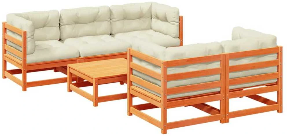 Lauko baldų komplektas Sodo komplektas su pagalvėlėmis, 6 dalių, vaško rudas, pušis