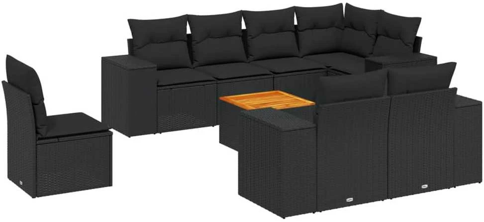 Sofa Sodo komplektas su pagalvėlėmis, 9 dalių, juodas, poliratanas