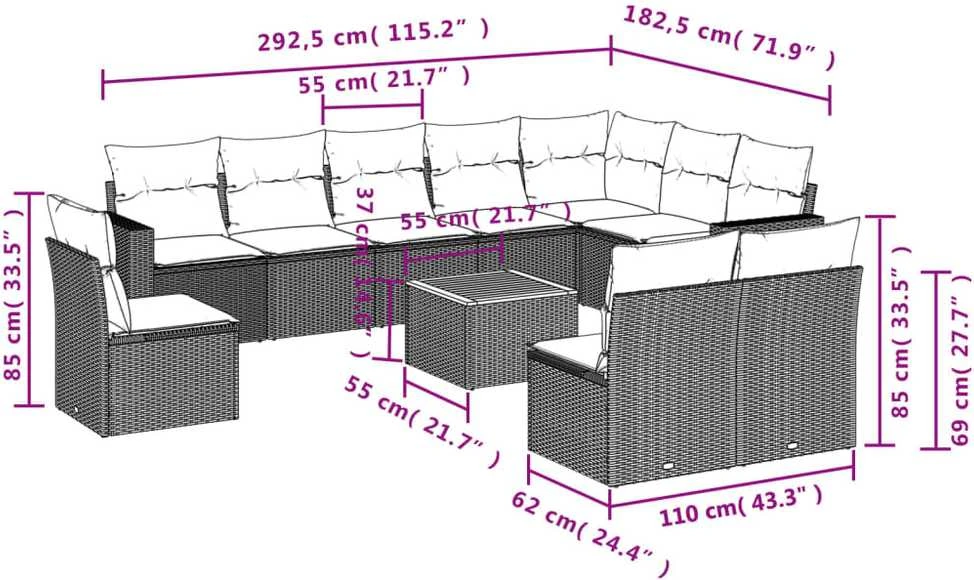 Sofa Sodo komplektas su pagalvėlėmis, 11 dalių, smėlio, poliratanas