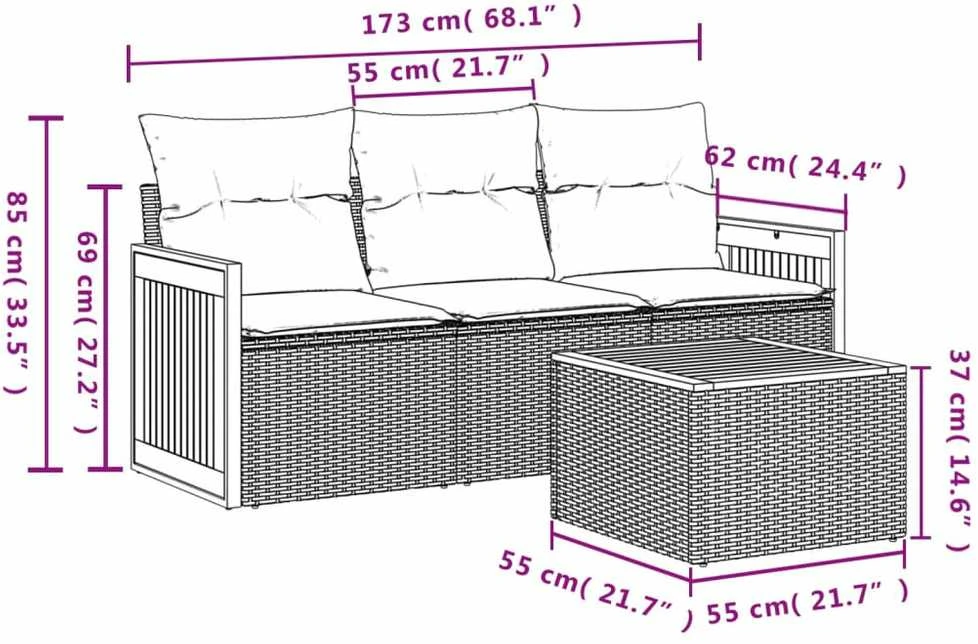 Lauko baldų komplektas Sodo komplektas su pagalvėlėmis, 4 dalių, juodas, poliratanas