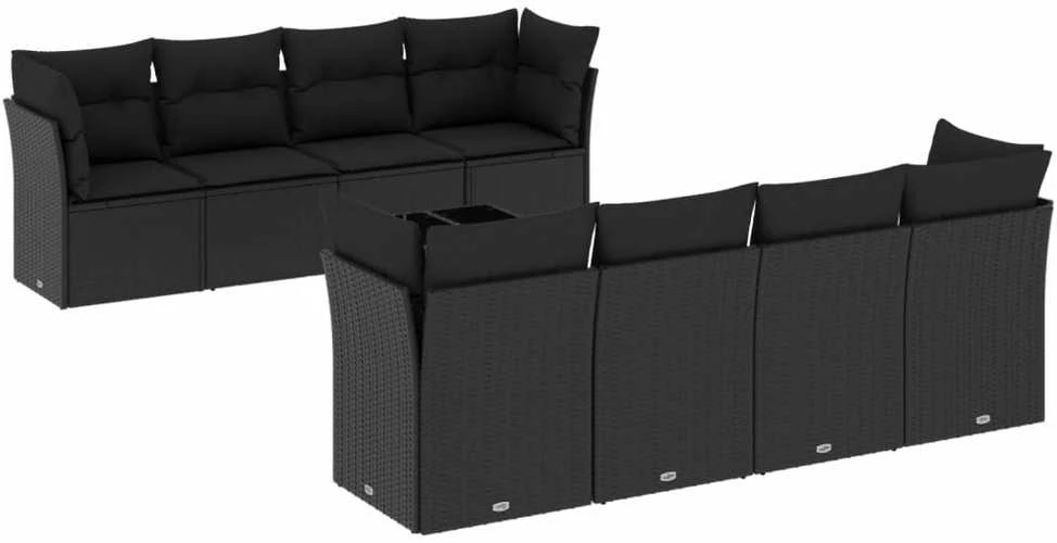 Lauko baldų komplektas Sodo komplektas su pagalvėlėmis, 9 dalių, juodas, poliratanas
