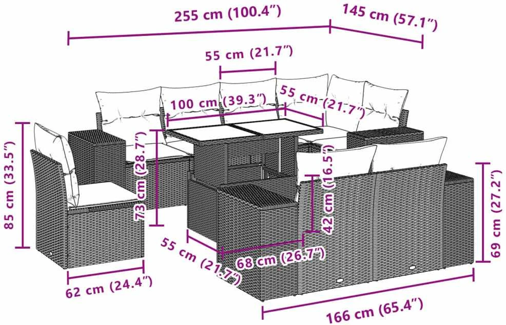Lauko baldų komplektas Sodo komplektas su pagalvėlėmis, 9 dalių, rudas, poliratanas