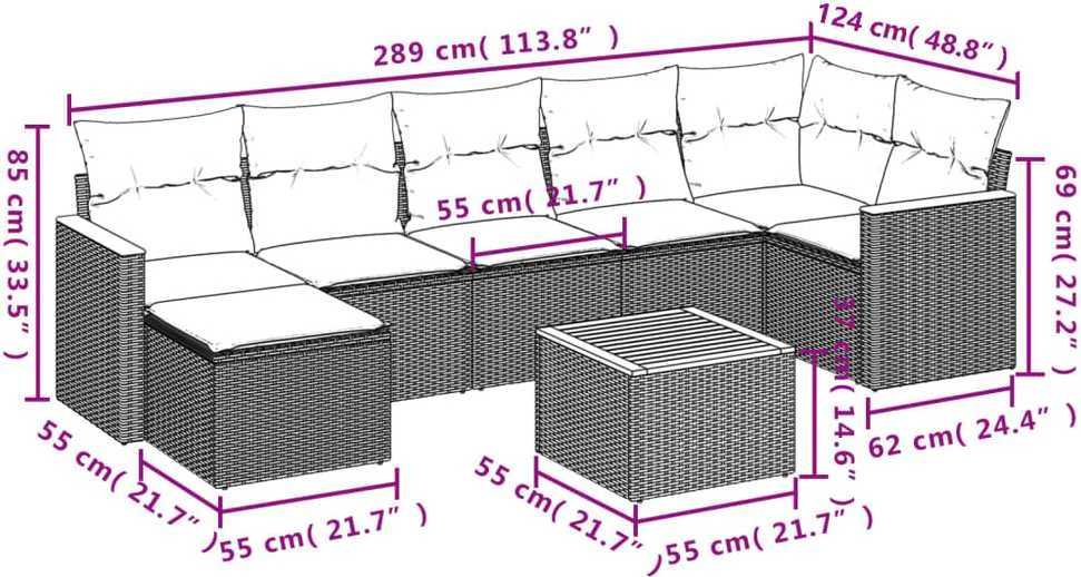 Lauko baldų komplektas Sodo komplektas su pagalvėlėmis, 8 dalių, pilkas, poliratanas