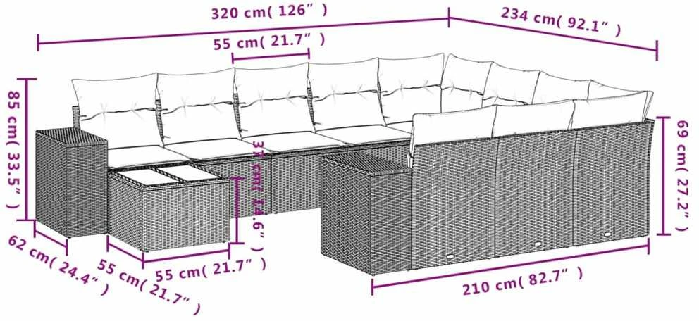 Lauko baldų komplektas Sodo komplektas su pagalvėlėmis, 11 dalių, smėlio, poliratanas