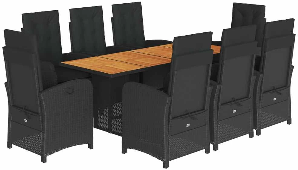Lauko baldų komplektas Sodo komplektas su pagalvėlėmis, 9 dalių, juodas, poliratanas